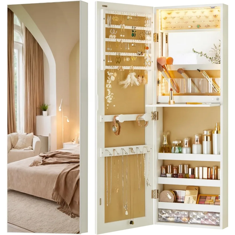 خزانة مجوهرات بمرآة مثبتة على الحائط مع أضواء، 42 بوصة طويلة فوق الباب، خزانة مجوهرات معلقة، 3 أوضاع ألوان مجوهرات