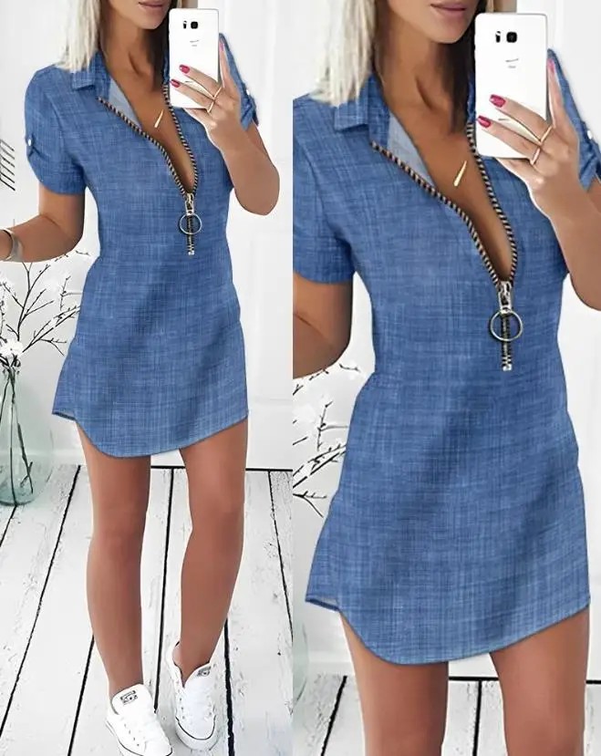 Women Sexy Dress 2024 Spring Summer Latest Short Sleeve Shirt Button Front Denim Mini Dress Turn Down Collar Pastel Short Skirt