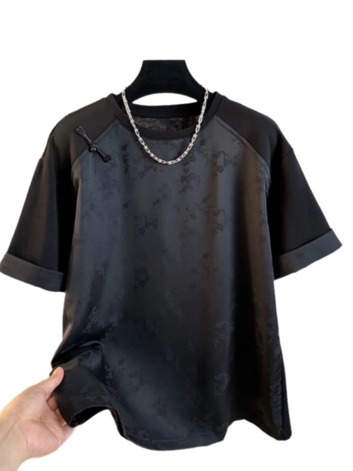 Nueva camiseta china Sle redonda Ne para mujer, camiseta holgada de verano con diseño Sense Satin Patchwork ort Sve Base irt