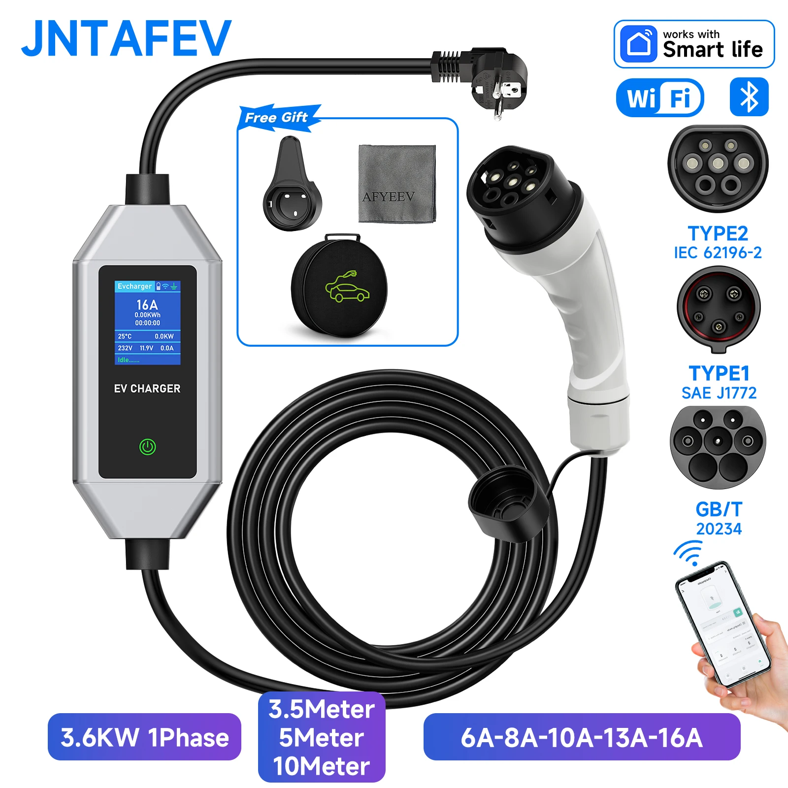 JNTAFEV Electric Vehicle Charging Station 3.5M/5M/10M 3.6KW 16A 1 Phase EV Wallbox Charger Type2/Type1/GBT for Home/Outdoor Use
