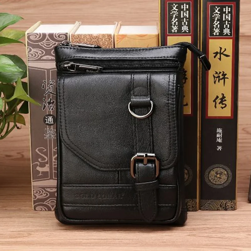 Men Genuine Leather Cell Mobile/Phone Fanny Bag Male Small Shoulder Cross Body Bags Cigarette Pocket Loop Belt Hip Waist Pack