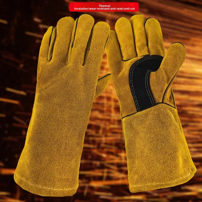 cowhide Leather Flame retardant gloves,Welding Gloves Heat Insulation Anti-cut Woodstove Fireplace Barbecue Baking Camping