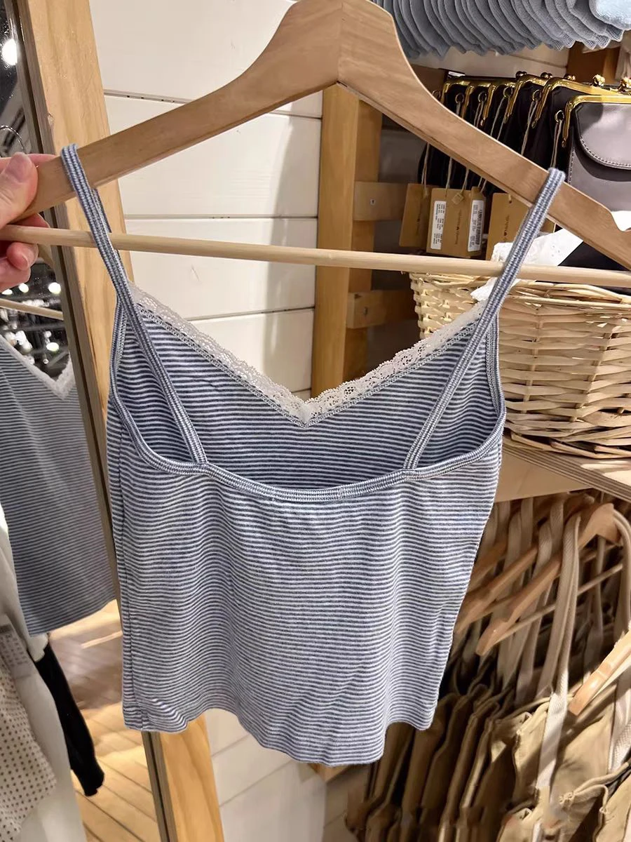 Blue Striped Lace Trim Tank Tops Women New Sexy V-neck Cotton Sleeveless Slim Crop Top Summer Camisoles Vintage Sweet Vests Y2k