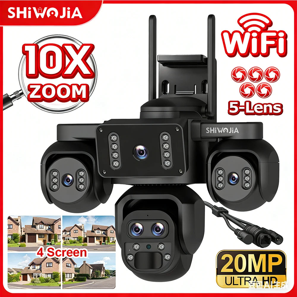 SHIWOJIA 20MP WIFI Security Camera 10X ZOOM 5-Lens 4-Screens Video Surveillance PTZ Camera Outdoor Auto Tracking Night Vision