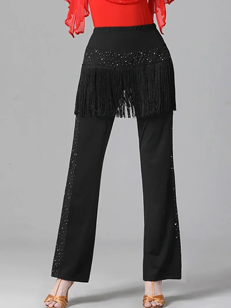 Women Latin Dance Costume Sequin Tassel Long Pants Square Dancing Sailor Guitar Dancewear Trousers Standard Ballroom Dresses