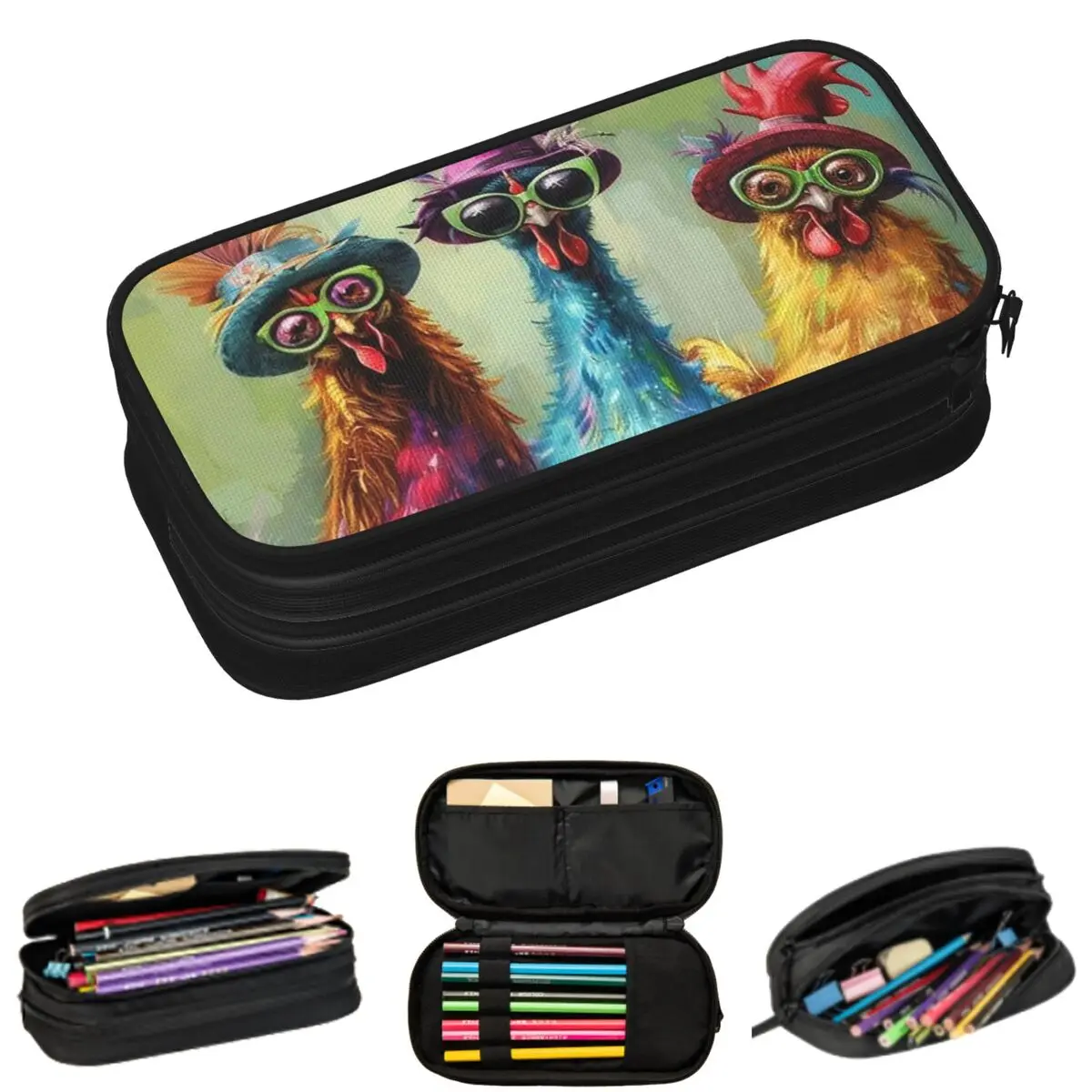 

Cute Rooster And Hen With Sunglasses Pencil Cases for Students Gifts Pen Box Pencil Bag Large Storage Pencil Pouch