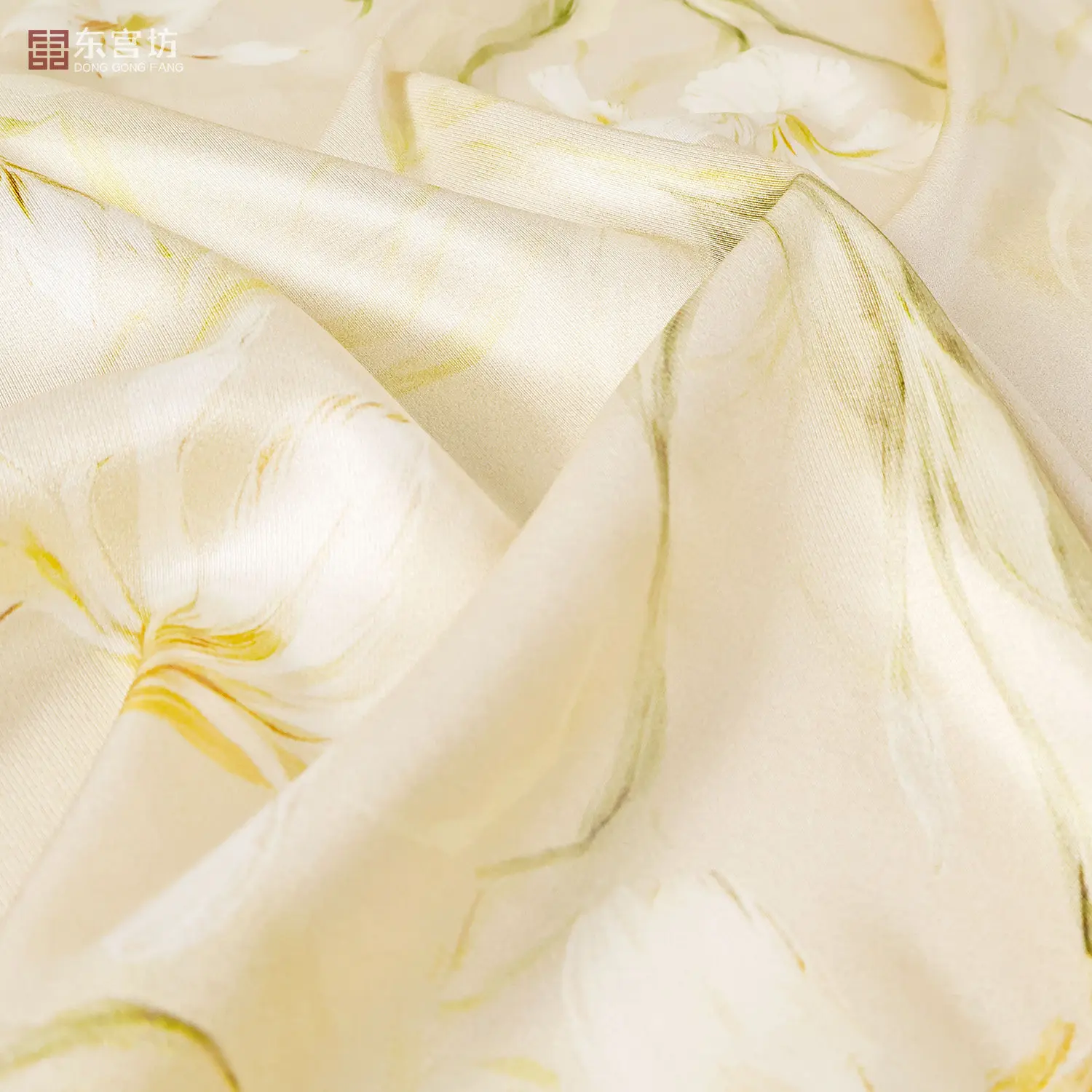 140 Door Width Silk National Style Light Yellow Lily Printed Satin Fabric Cheongsam Hanfu Fabric
