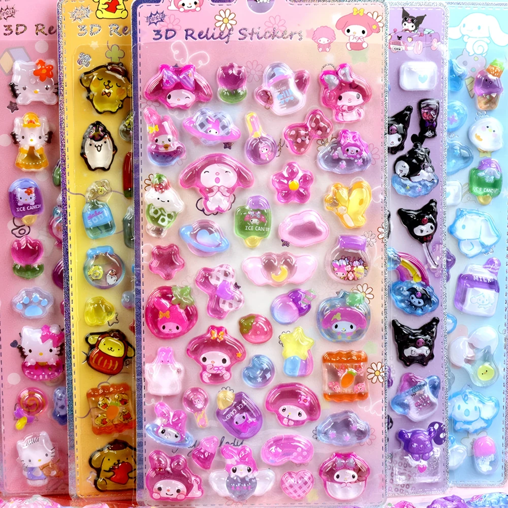 

Cute Sanrio 3D Relief Stickers Kawaii Kuromi My Melody Cinnamoroll Crystal Decals Toys Kids Decoration Sticker Gifts