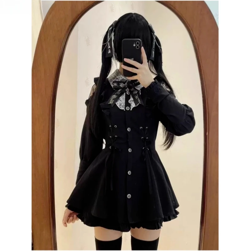 Japanese Gothic Bow Dress women black party Shorts Set Lace Off Shoulder Long Sleeve Slim Shirts Dresses Lolita Y2k Outfits chic