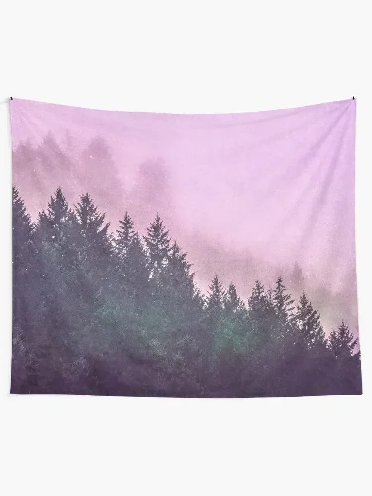 Fog Forest - Pink and Green Misty Mountain Pass Tapestry Wall Decoration Wall Mural Tapestry