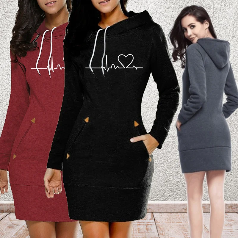 

Women Hoodie Dress Sweatshirt Pullover Dress Autumn Winter Electrocardiogram Printed Long Sleeve Slim Pocket Hoodie Dress