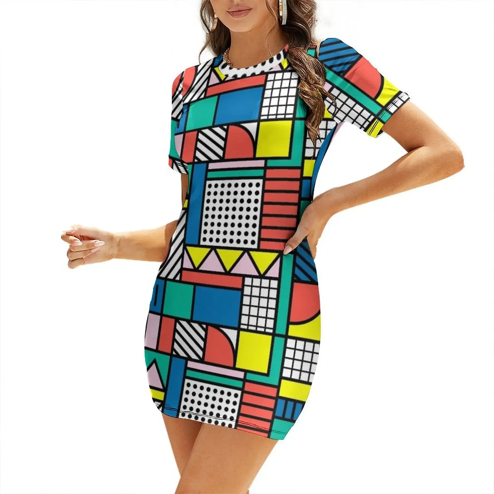 

Memphis Color Block Short-Sleeved Dress loose summer dress Aesthetic clothing prom dresses Dress