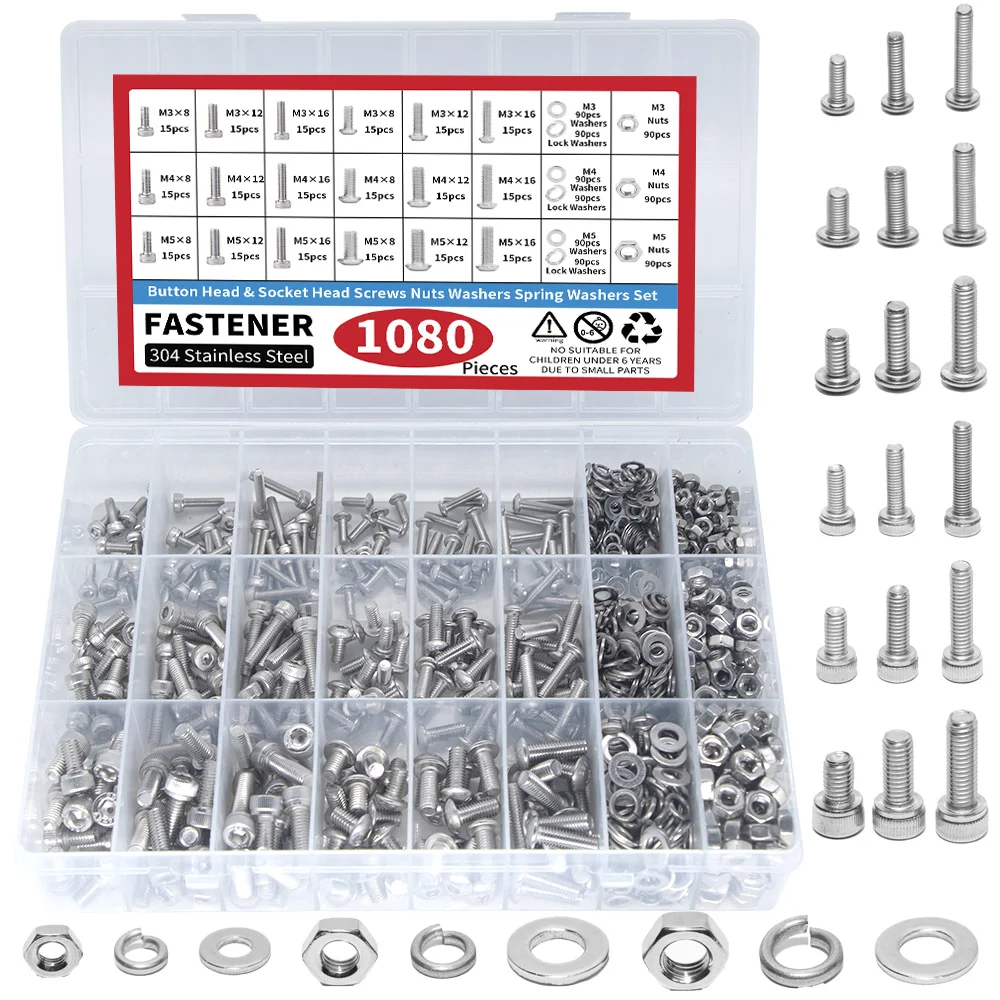 1080PCS Nuts and Bolts Assortment Kit - M3 M4 M5 M6 Screw Set - Button Head & Socket Head Metric Screws - 304 Stainless Steel