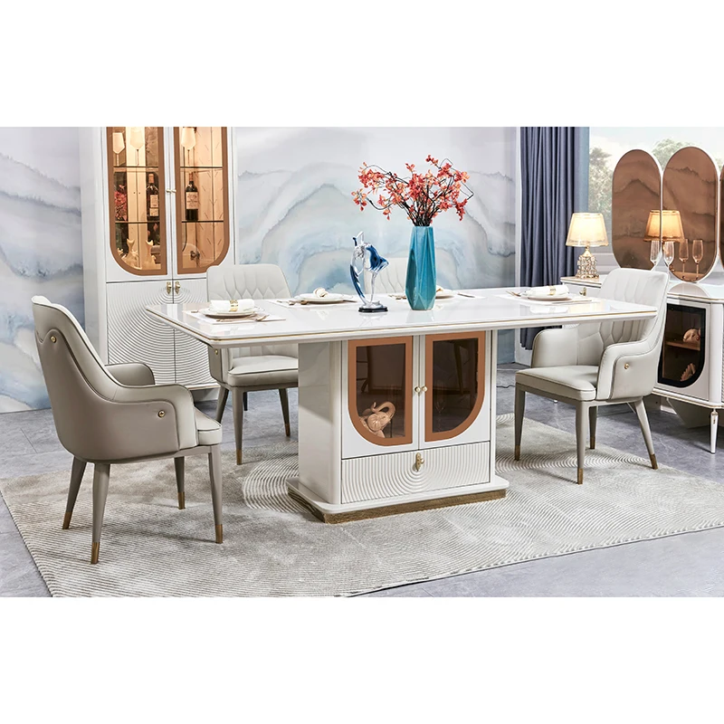 

Elegant Luxury Dining Table and Chair Set 6 Seats Furniture Home Storage White Complete Modern Large Wooden Dining Room Set