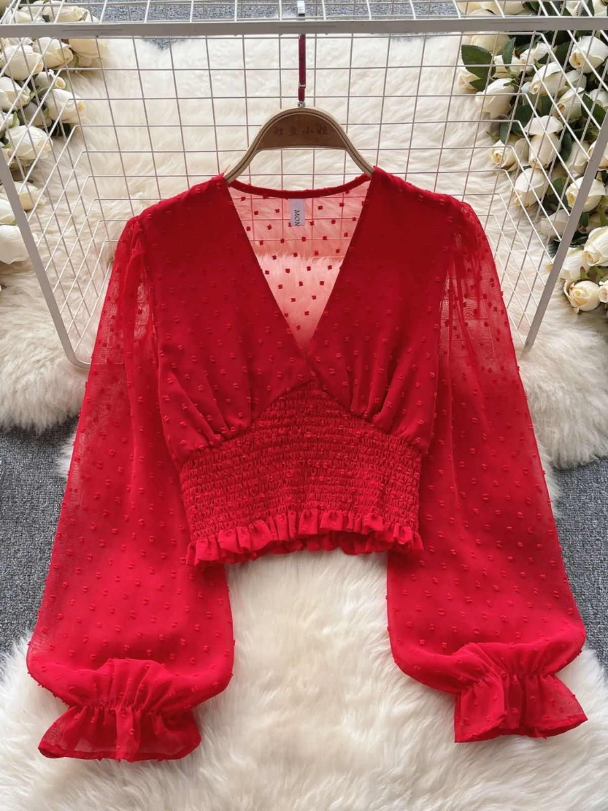 

Women's INS Sle Vaion Theme ort Crop Top Long Sve Chiffon irt Slimming Effect Pure Desire High-End Feeling