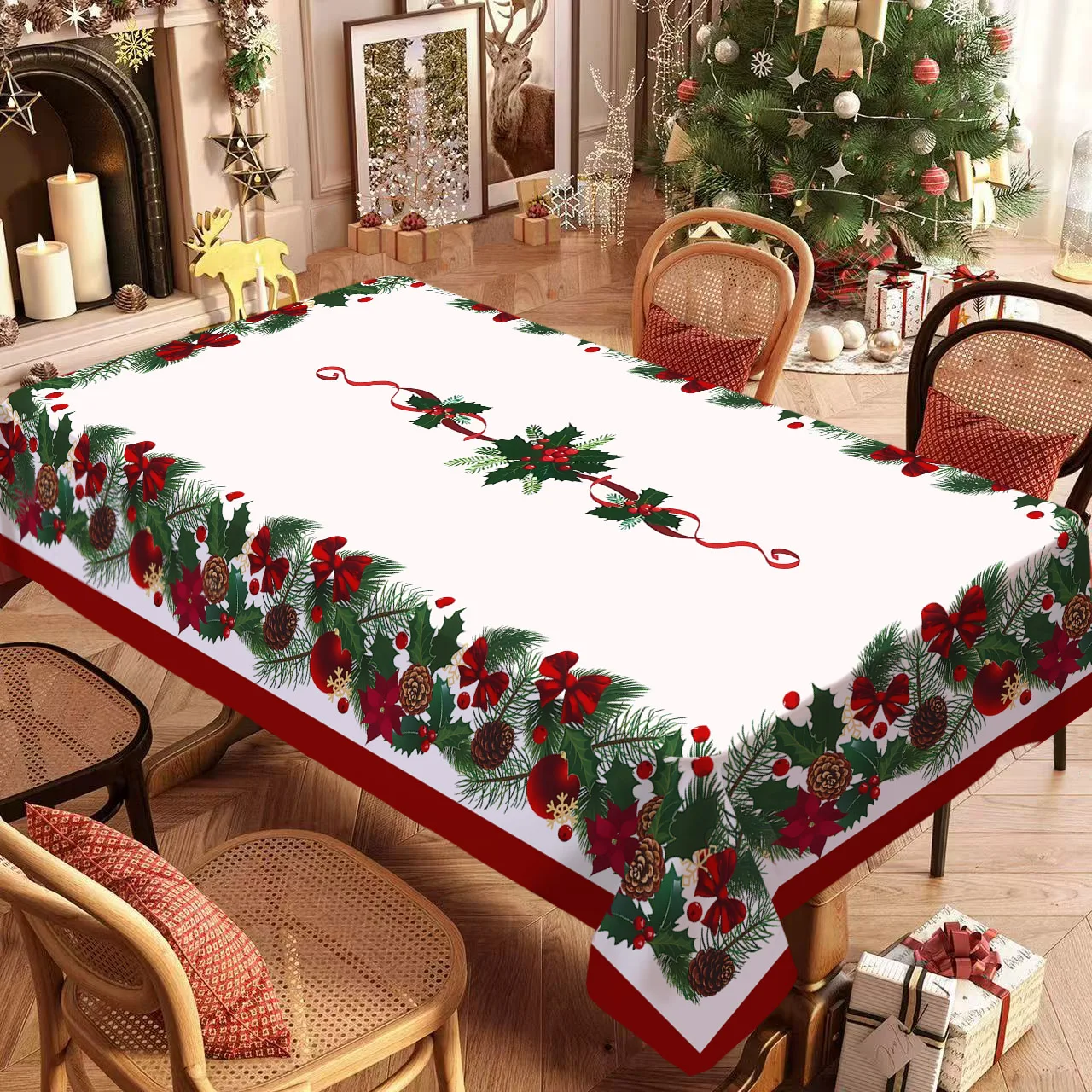 Christmas Tablecloth Rectangle, Christmas Decorations For Home Poinsettia Table Cloth Festival, Suitable for Parties/Dinners