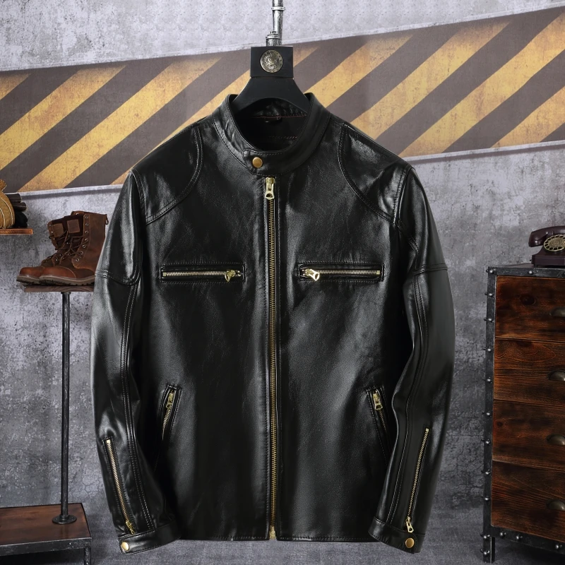 Faionable Autumn Winter Men's Slim Fit Motorcycle Jaet Genuine Leather Tea Core Skin Coat Stand Collar Zipper Design