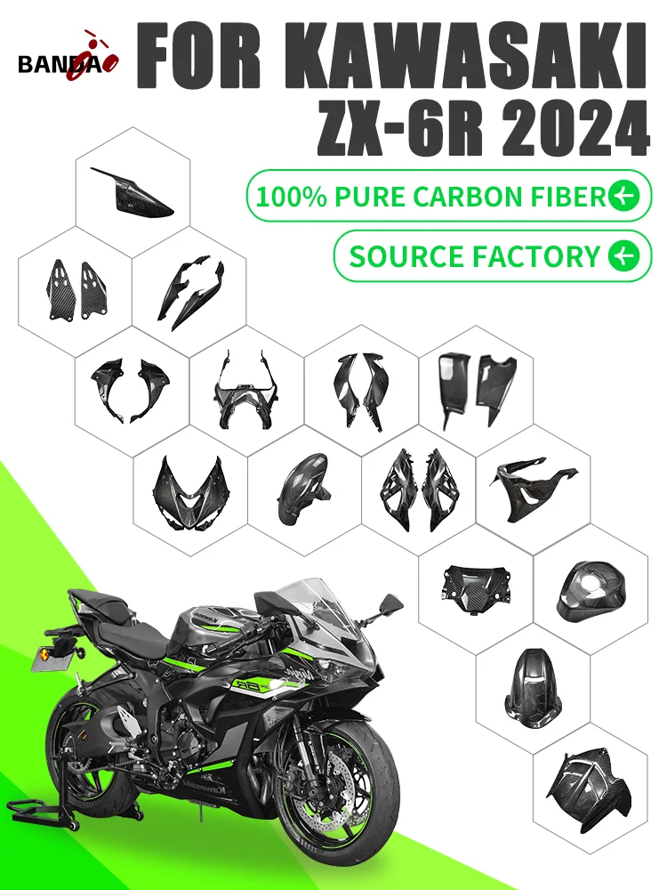 

For KAWASAKI ZX 6R ZX6R 2024 100% 3K Pure Carbon Fiber Motorcycle Accessories Full body fairing Side Panels Twill glossy