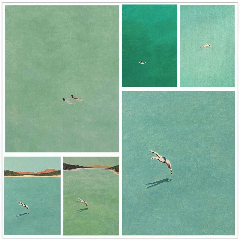 Minimalist Abstract Green Seawater Swimming Art Poster Nordic Summer Sea Ocean Canvas Printing Living Room Home Decoration