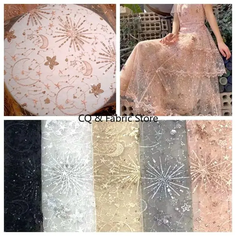 

Мягкая желтая кружевная ткань с блестками, блестящая тюлевая сетчатая ткань со звездами для платья, от двора, синяя, серая и розовая