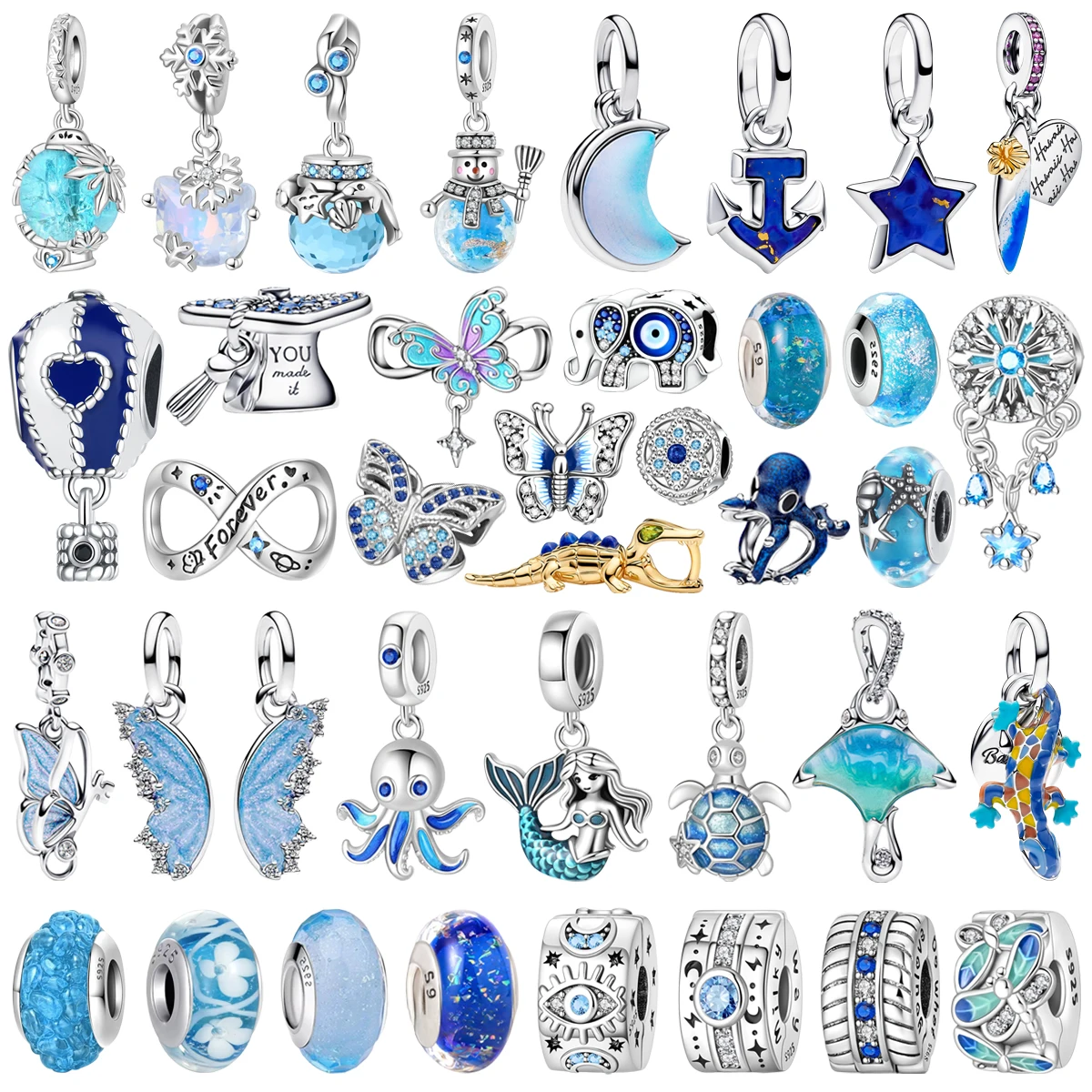 

New 925 Sterling Silver Blue Butterfly Star Moon Safety Buckle Glass Bead Pendant for Women DIY Bracelet Necklace Jewelry Gift