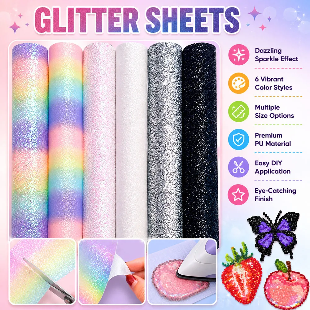 6 Sheets Rainbow Glitter Fabric For Bead Art, Iron-On Beads, Baking Paper and Iron-On Fabric A Stylish Craft Kit Handcrafted Toy