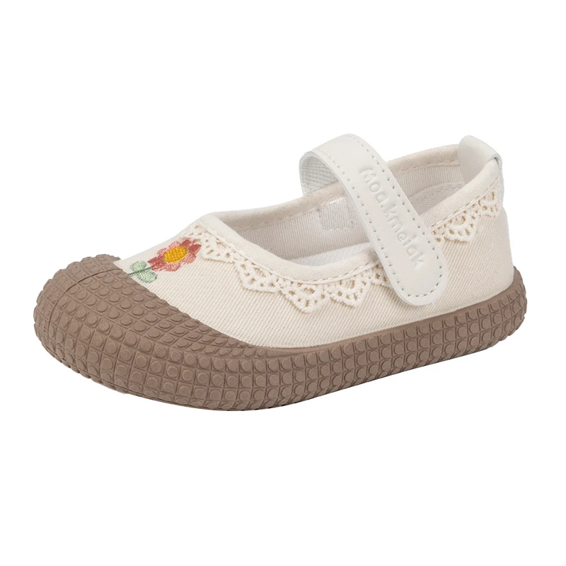 Unishuni Girls Flats Baby Kids Canvas Shoe Child Casual Flats Princess Lace Ruffles Cloth Mary Jane Shoes with Flower Embroidery