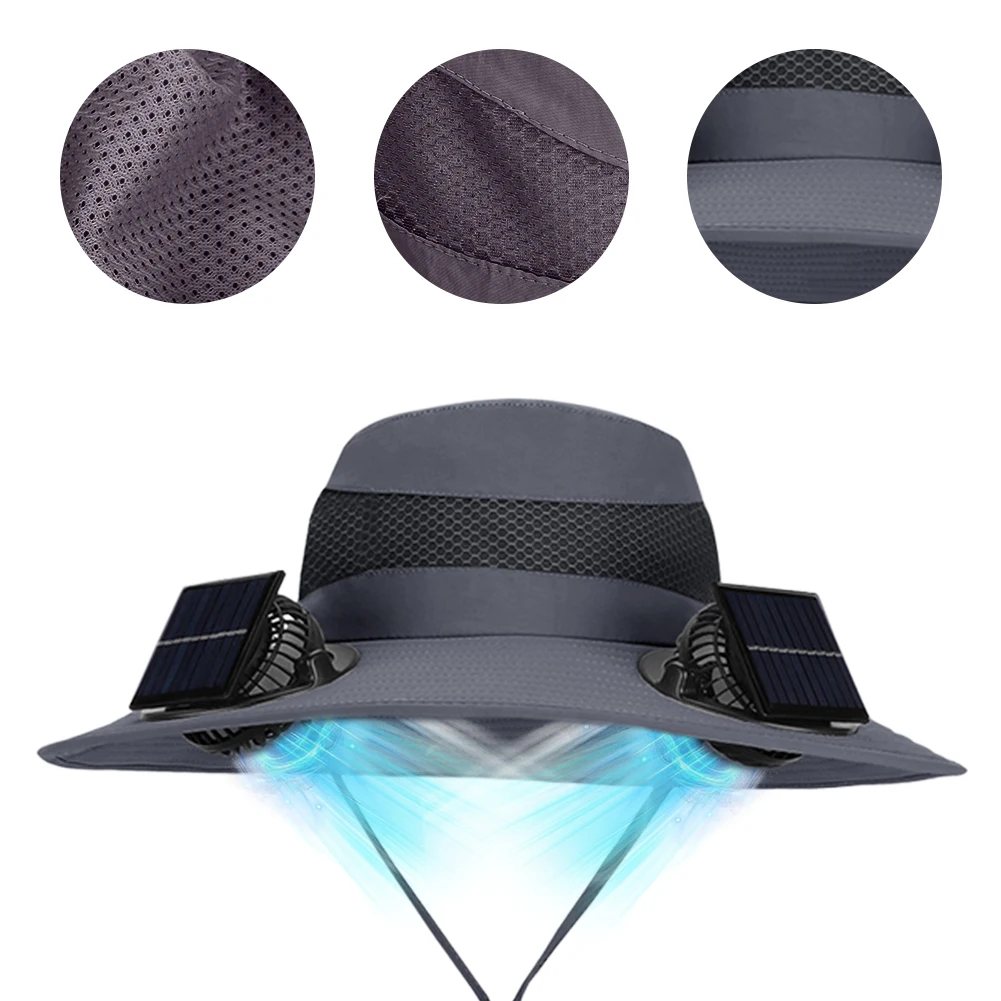 

Шляпа с солнечным вентилятором, уличная шляпа от солнца с широкими полями, пляжная шляпа для рыбалки на шнурке (темно-серая)