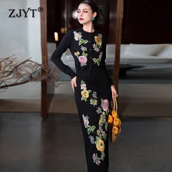 ZJYT Runway Fashion Women's Embroidery Sweater Skirt 2 Piece Matching Set Autumn Winter Outfit Elegant Party Dress Sets Black