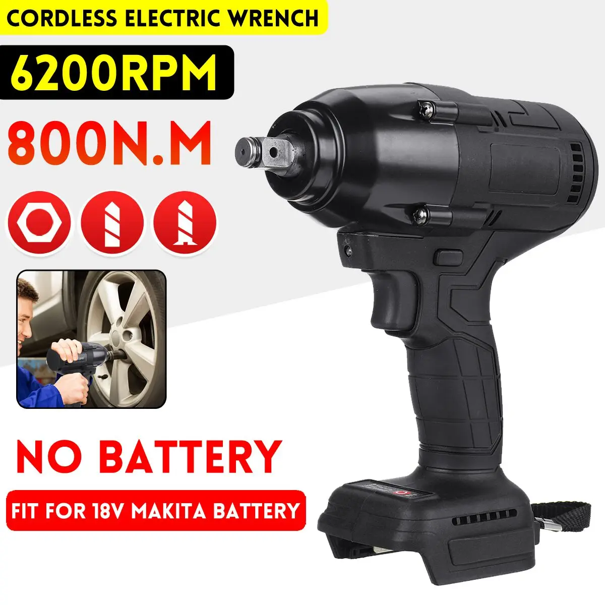 800N.M Brushless Electric Impact Wrench Rechargeable 1/2 inch Wrench Power Tools Compatible Makita 18V Battery for Car Repair