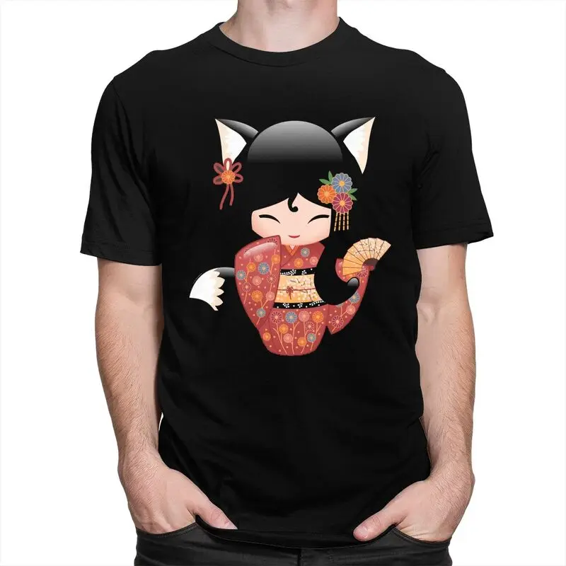 Custom Kawaii Kokeshi Doll T Shirt Men Short Sleeve Pure Cotton T-shirt Japanese Kimono Geisha Girl Tees Fashion Tshirt