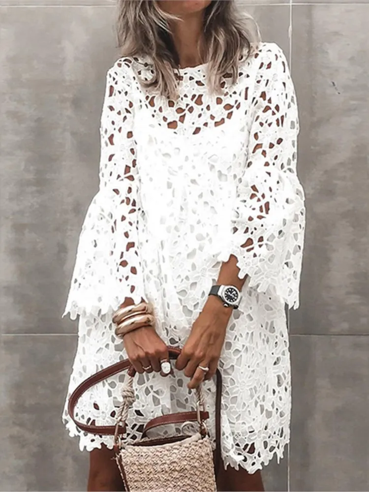 Spring Summer Sexy Lace Fashion White Embroidered Dress Elegant Solid   Beach O-Neck Boho Casual Streetwear Female Party Vestido