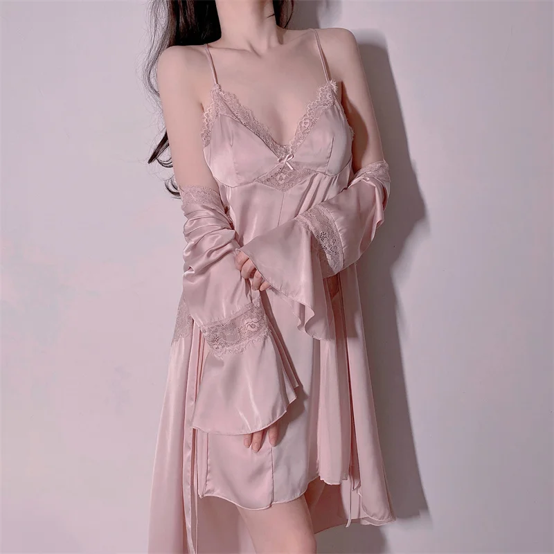 Lace Twinset Robe Set Sexy Perspective Nightdress Spring Summer Women Kimono Bathrobe Nightgown Loose Thin Satin Home Dress