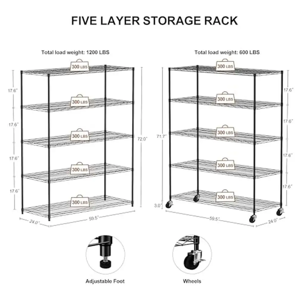 Adjustable Heavy Duty Metal Mesh Shelving Rack Warehouses Supermarkets 5 Tiers 300lb Capacity Waterproof Rust Resistant Easy