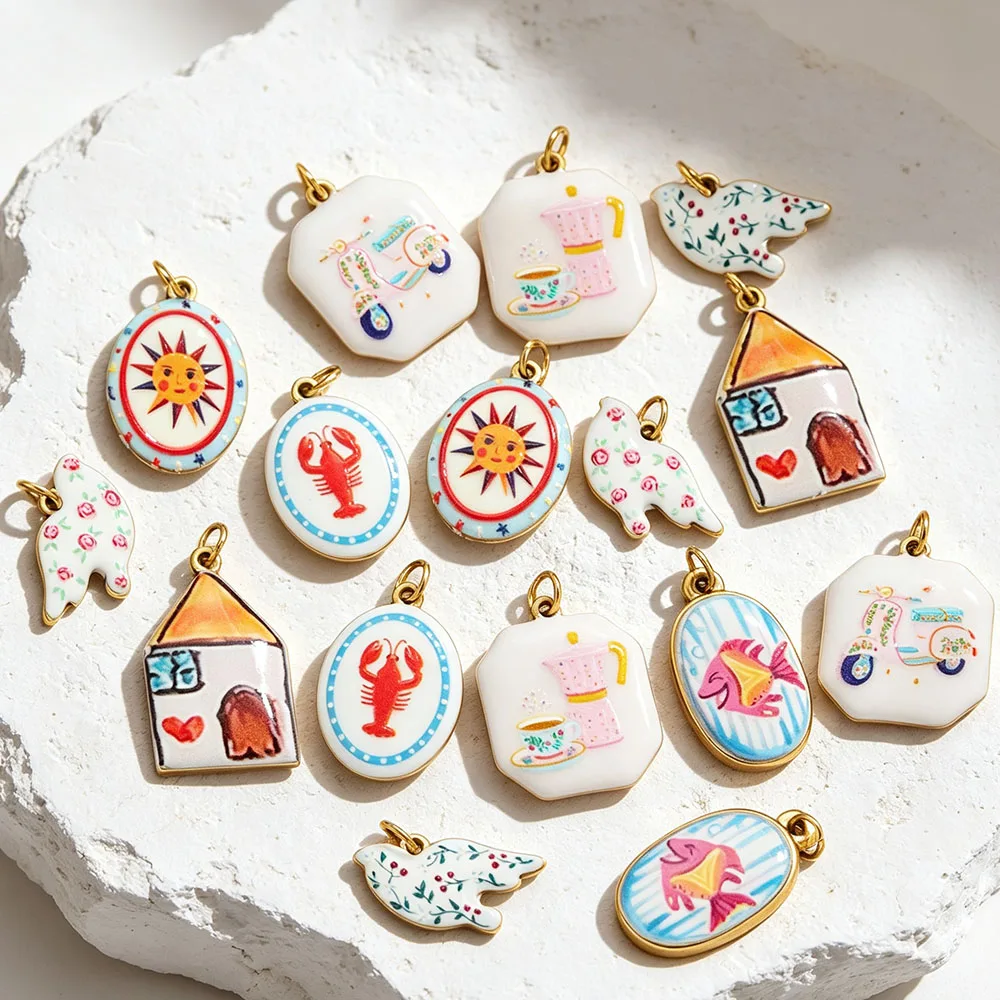 2pcs Handmade Multicolor Enamel Print Flower Sun Charm Geometric Heart 18K Gold Plated Stainless Steel Pendant DIY Jewelry Gift