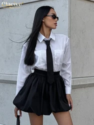 Clacive Fashion Loose White Cotton Skirts Sets Women 2 Pieces Elegant Long Sleeve Shirt With High Waist Pleated Mini Skirt Set