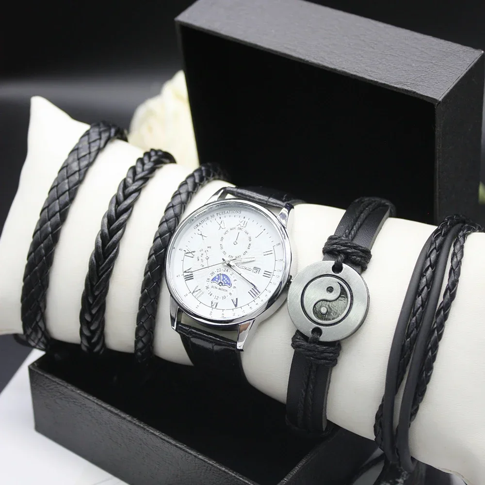 5pcs Set Classic Fashion Quartz Watches Men´s Sports Watches Gentleman Watch Bracelet Box Gift for Men Watch Unique Watches