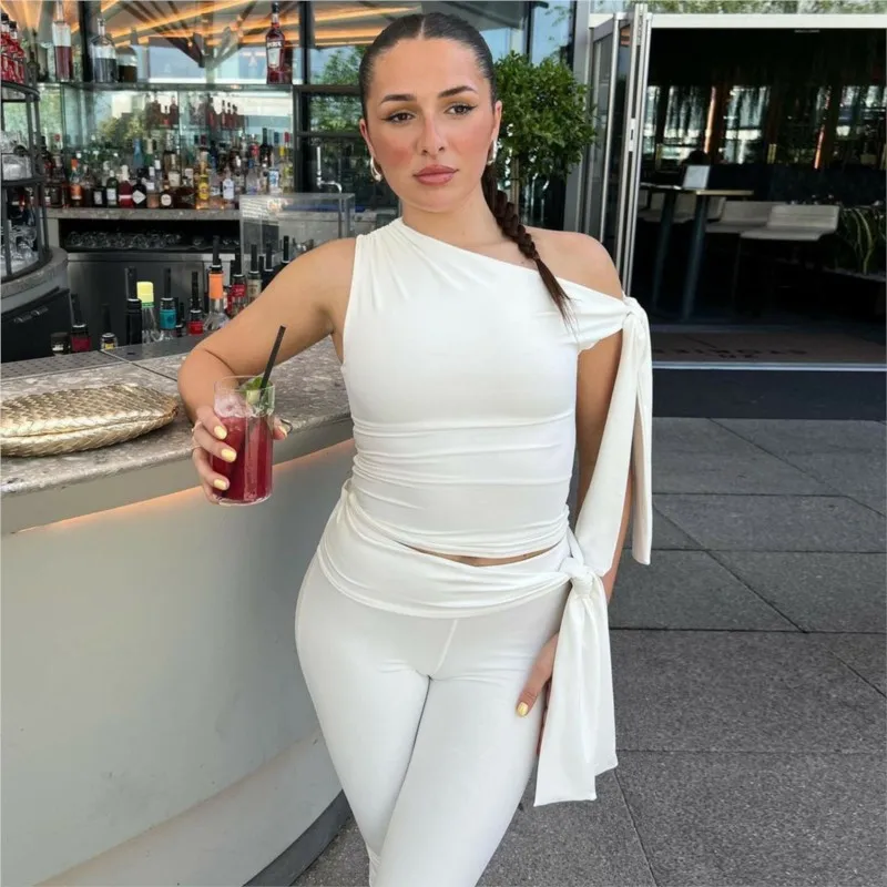 2026 Bodycon new In Matching Sets 2 Pieces Set For Woman Two Piece Outfit Women's Clothes Temperament Slim Slant Collar Leace-up