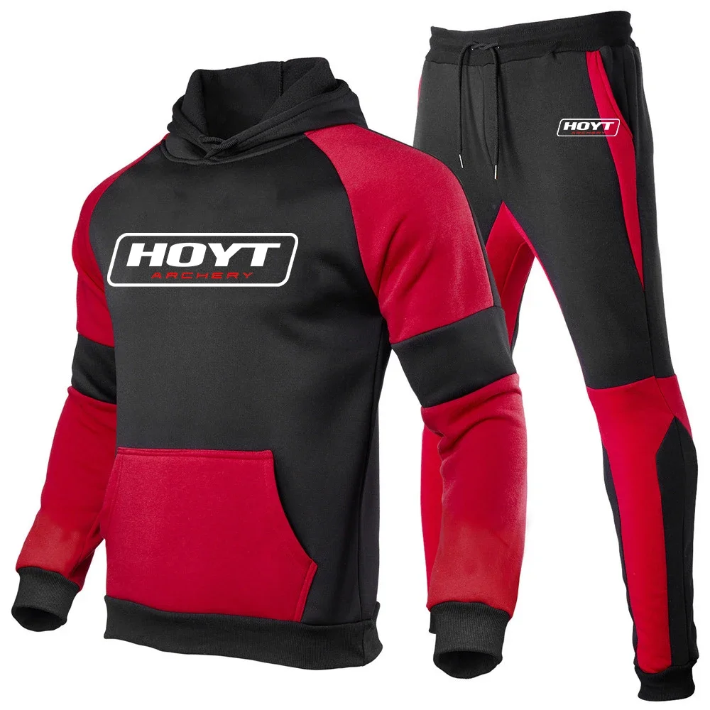 2024 Hoyt Archery Logo Printing Spring Autumn Men's Casual Pullover Tracksuit+Popular Drawstring Sweatpants Splicing Sports Sets