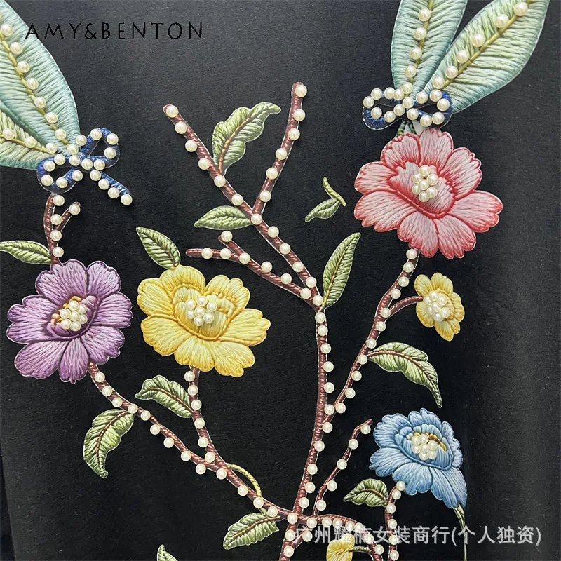 

Heavy Beaded Floral Print Loose Short Sleeves T Shirt Summer Fashion Versatile Casual Oversized Ladies Daily Wear Top Pullovers