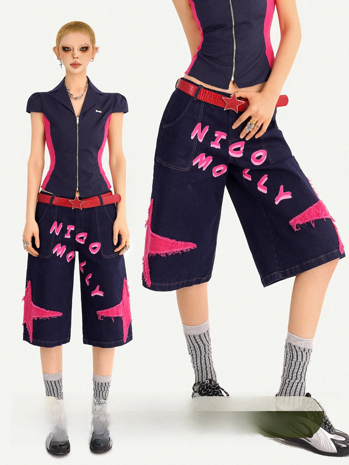 

Nico Molly Original Street Style Summer Loose Fit Seven Inch Straight Leg Jeans Women's Trendy Hot Girl Casual Denim Pants