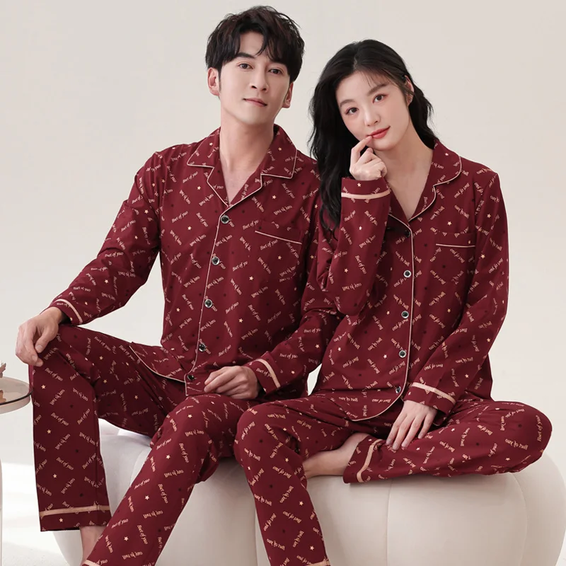 

Bride and Groom Pajamas Set Women's High Quality Cotton Long Sleeve Pyjamas Men's Cardigan Sleepwear Couple Honeymoon Pajamas