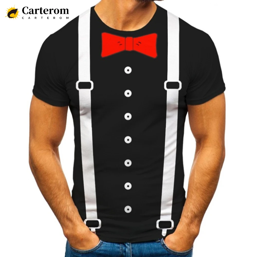 New Funny Fake Suit Bow Tie 3D T-shirt Men\'s Shirt Tuxedo Retro Tie Suit Printed T Shirt Fashion Casual Streetwear Short Sleeved