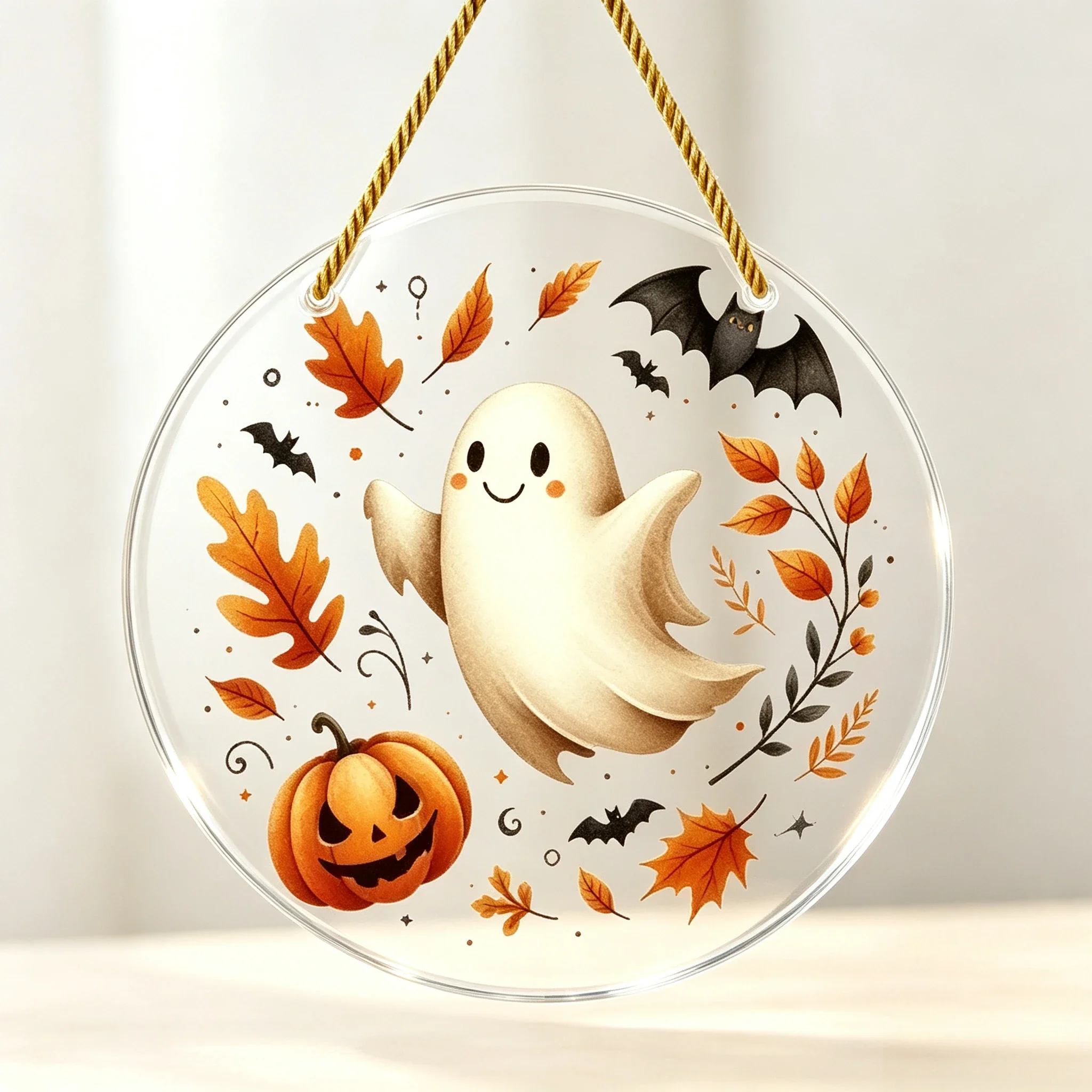 Cute Fall Ghost Round Acrylic Hanging Sign, Autumn Leaf Pumpkin Halloween Door Decor