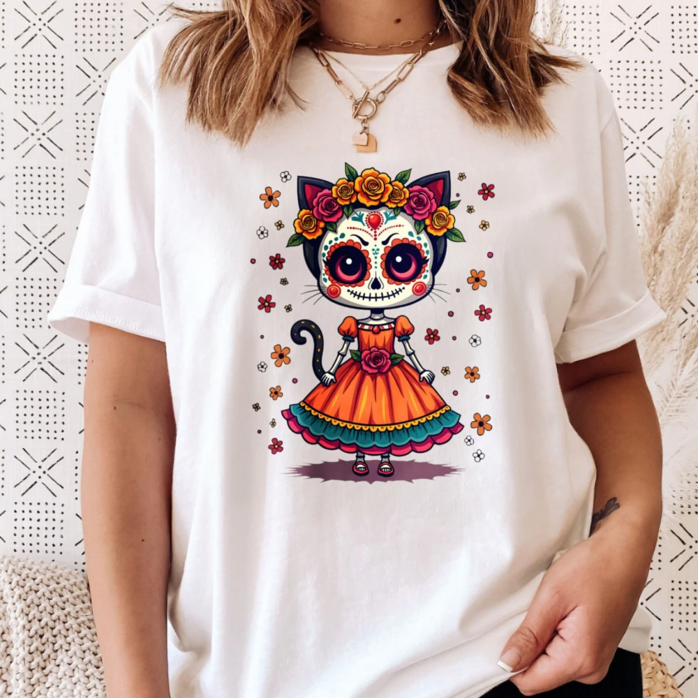Cute Cat Day of the Dead Tshirt Dia De Los Muertos Halloween Mexican Shirt Calavera Sugar Skull Spooky Season Cotton Casual Tees