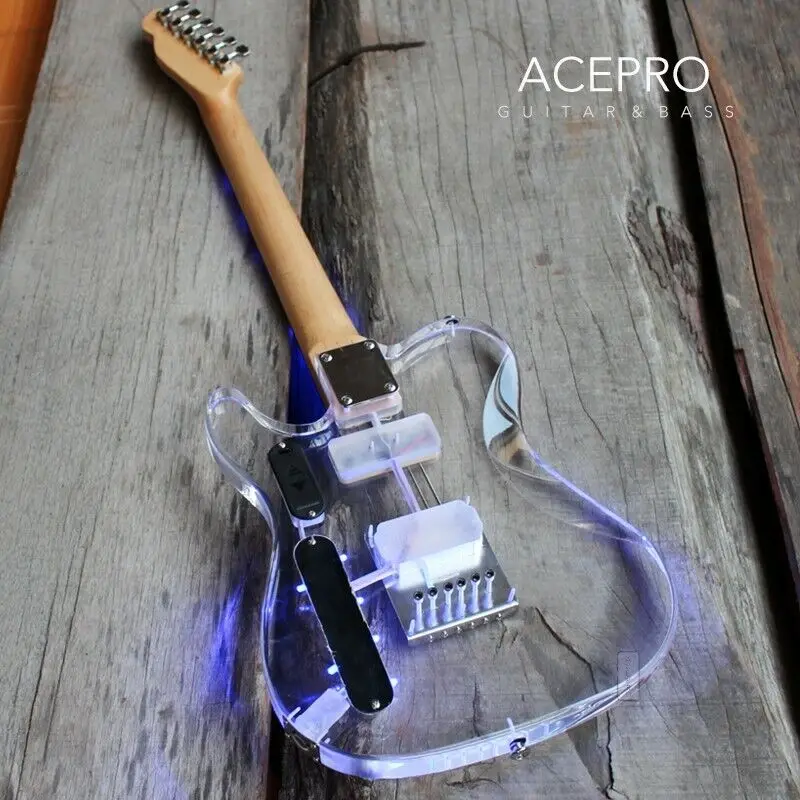 In Stock Acepro Blue LED Light Electric Guitar, Clear Acrylic Body Crystal Guitar, Maple Neck, Free Shipping Guitarra