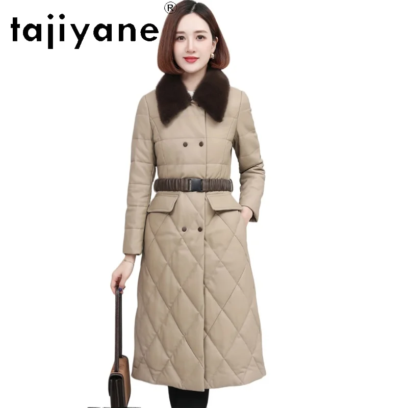TAJIYANE 100 % Echtes Schaffell Daunenmantel Frau Echtes Leder Lange Schlanke Pufferjacke mit Nerz Pelzkragen 2025 Winterkleidung