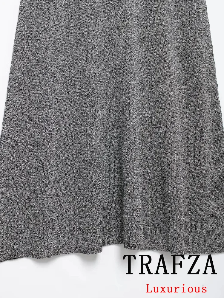 TRAFZA Vintage Casual Chic Dzianinowy garnitur damski Solidna kokarda V-Neck Krótka wąska kamizelka Płaszcz Długa spódnica Nowa moda 2024 Zestawy