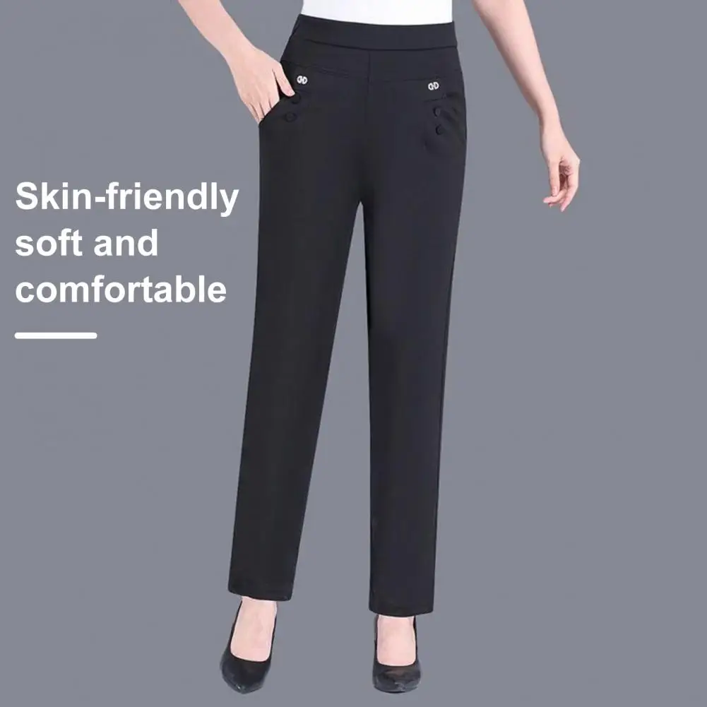 Women Exercise Leggings Elastic Waistband Women's Summer Pants with Pockets High Waist Casual Trousers for Mid-aged Ladies Solid