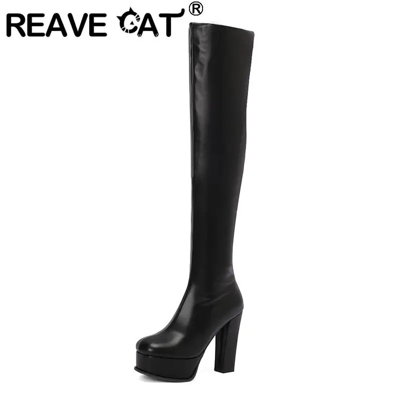 

REAVE CAT Sexy Women Thigh Boots Round Toe High Heels 12.5cm Platform Hill 4.5cm Slip On Double Use Plus Size 49 50 Party Shoes